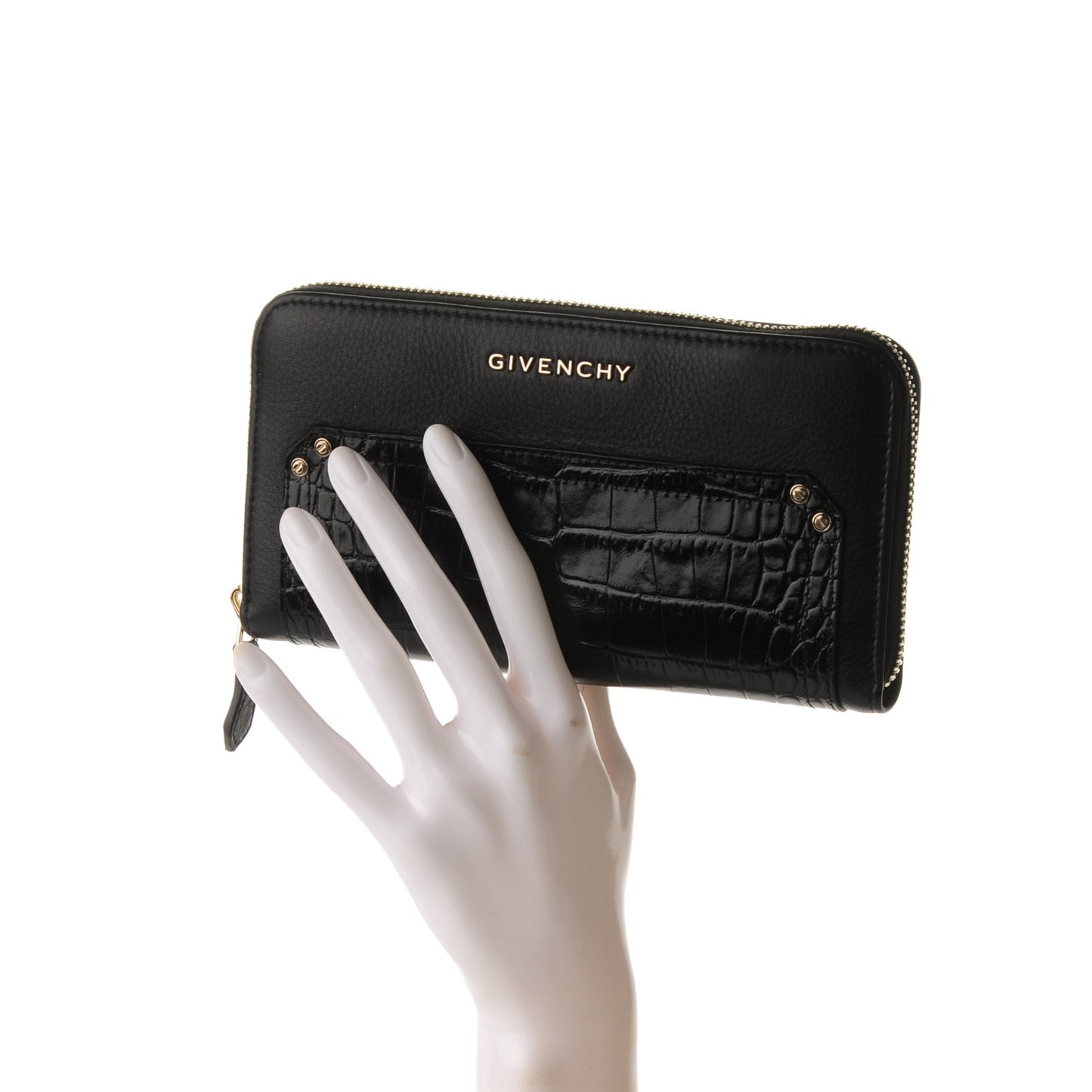 Calfskin Crocodile Embossed Pandora Zip Around Wallet Black