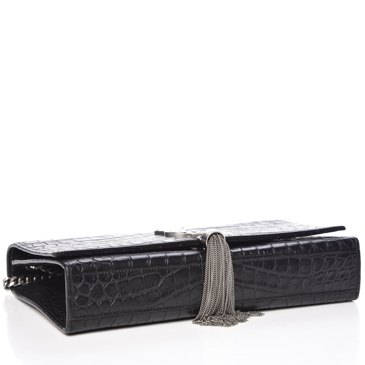Calfskin Crocodile Embossed Medium Classic Monogram Kate Tassel Satchel Black