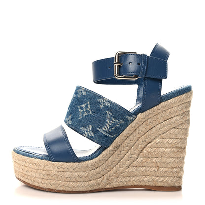 Louis Vuitton Monogram Denim Starboard Espadrille Wedge Sandal 37 Blue 1 of 8