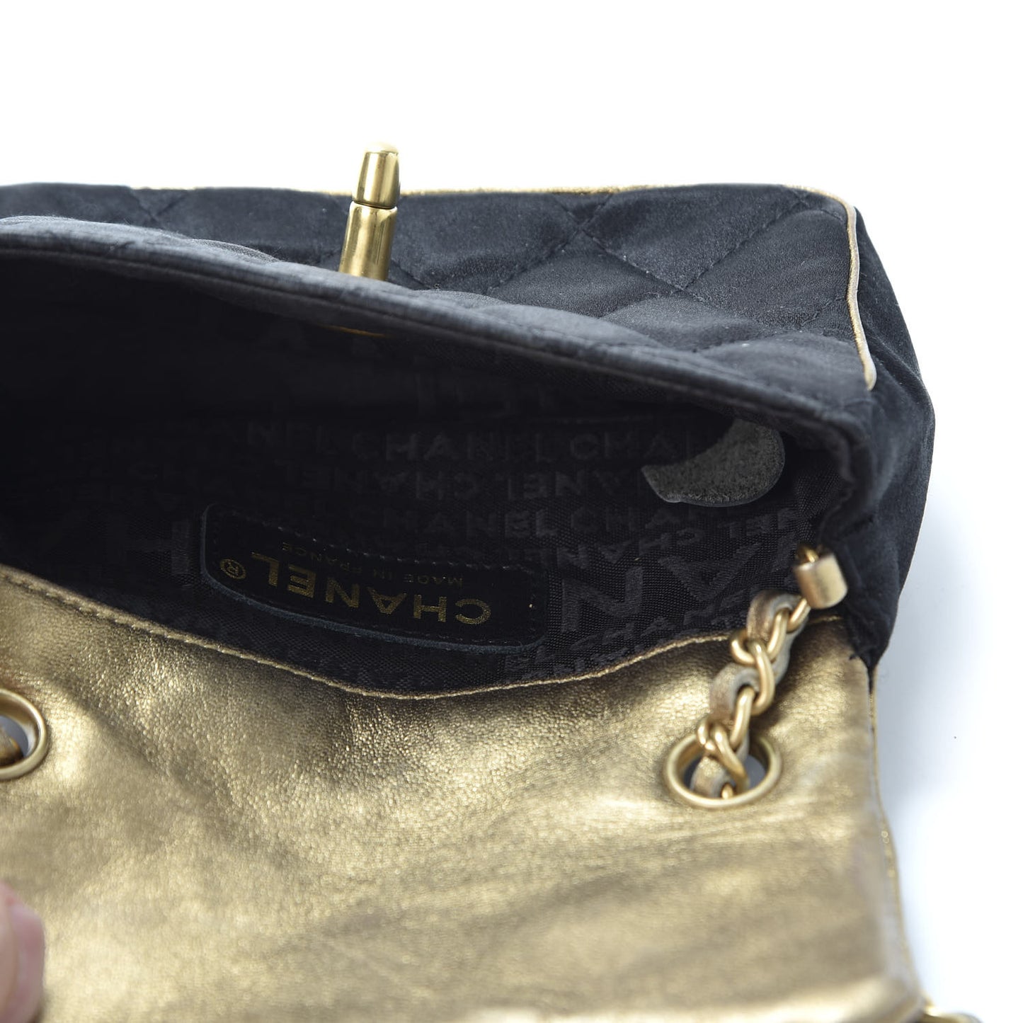 Satin Quilted Extra Mini Flap Black Gold