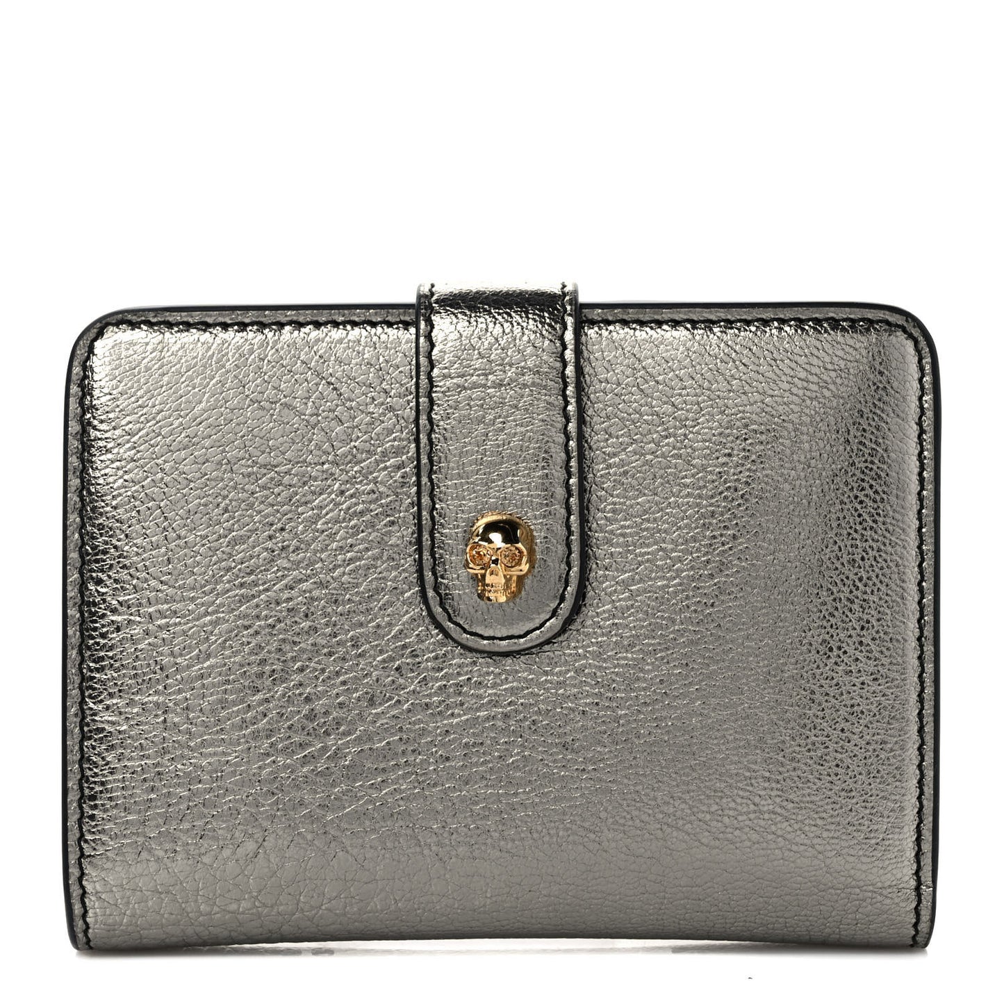 Metallic Calfskin Skull French Wallet Dark Silver
