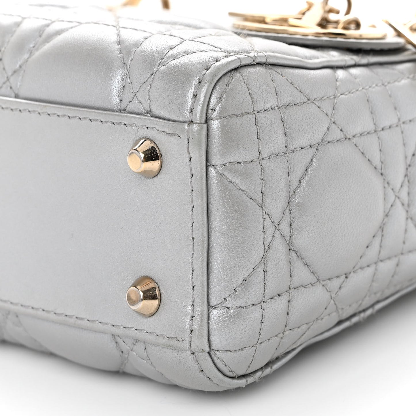Metallic Lambskin Cannage Mini Lady Dior Grey