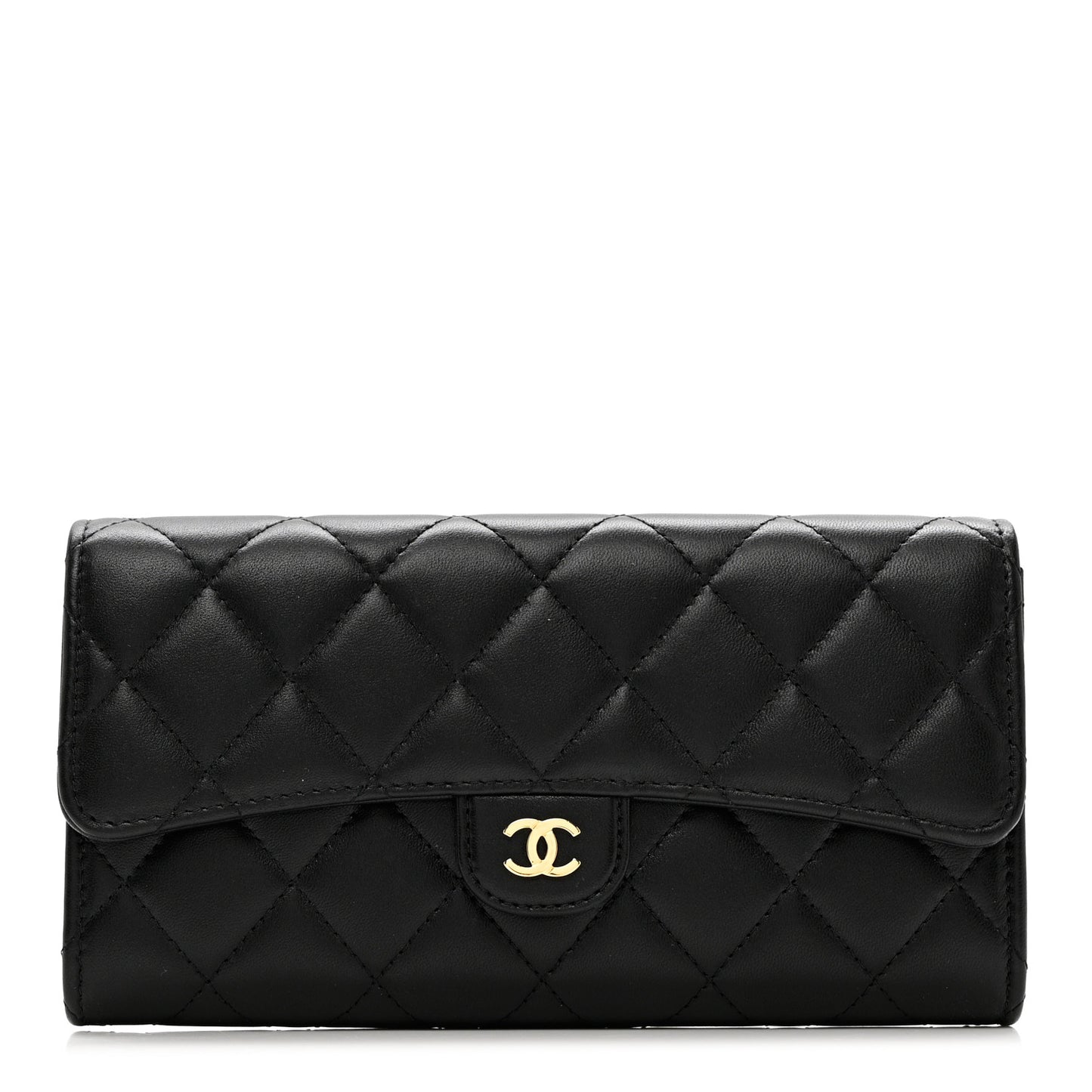 Lambskin Quilted Large Gusset Flap Wallet Black