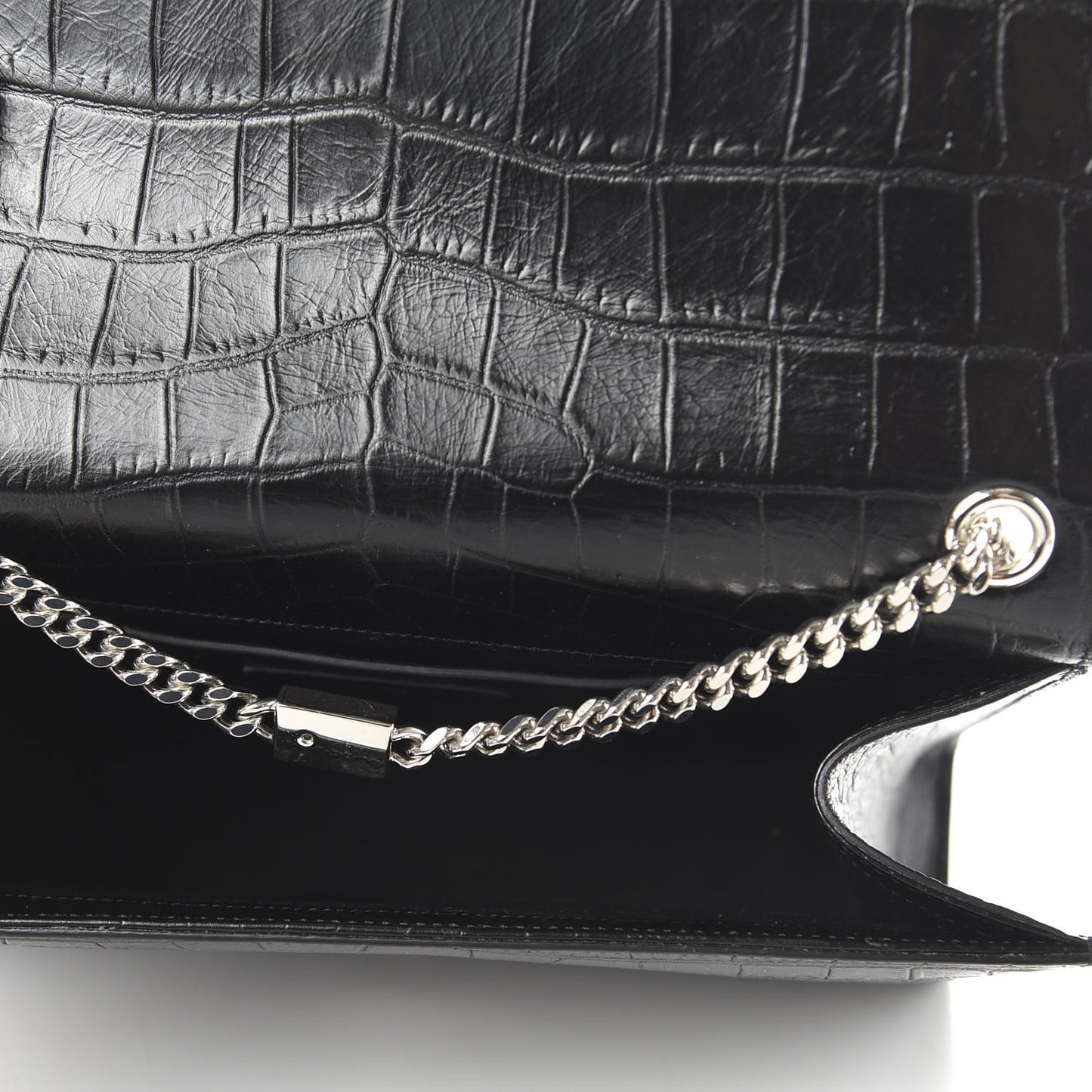 Calfskin Crocodile Embossed Medium Classic Monogram Kate Tassel Satchel Black