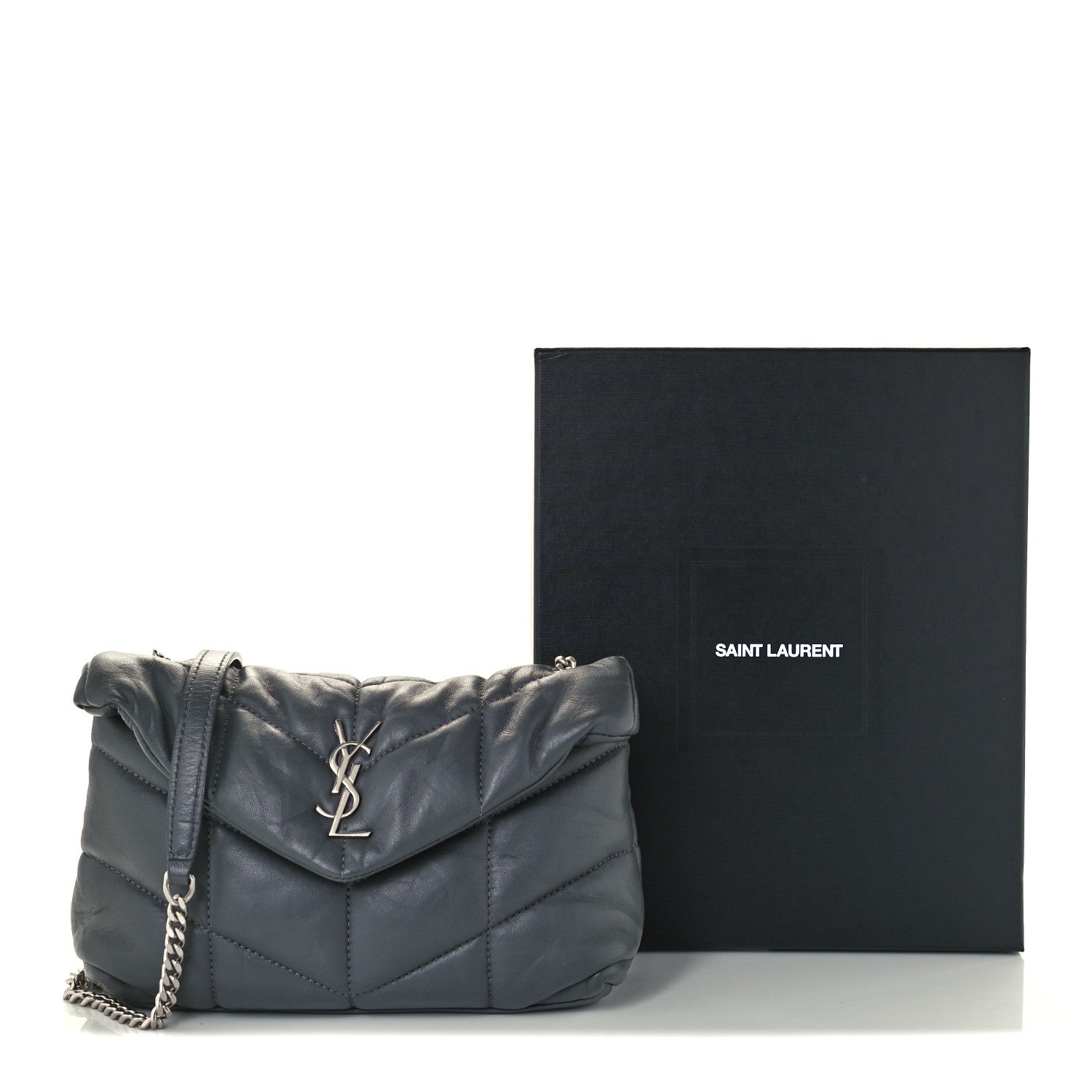 Saint Laurent Lambskin Quilted Toy Loulou Puffer Monogram Chain Satchel Storm 12 of 12