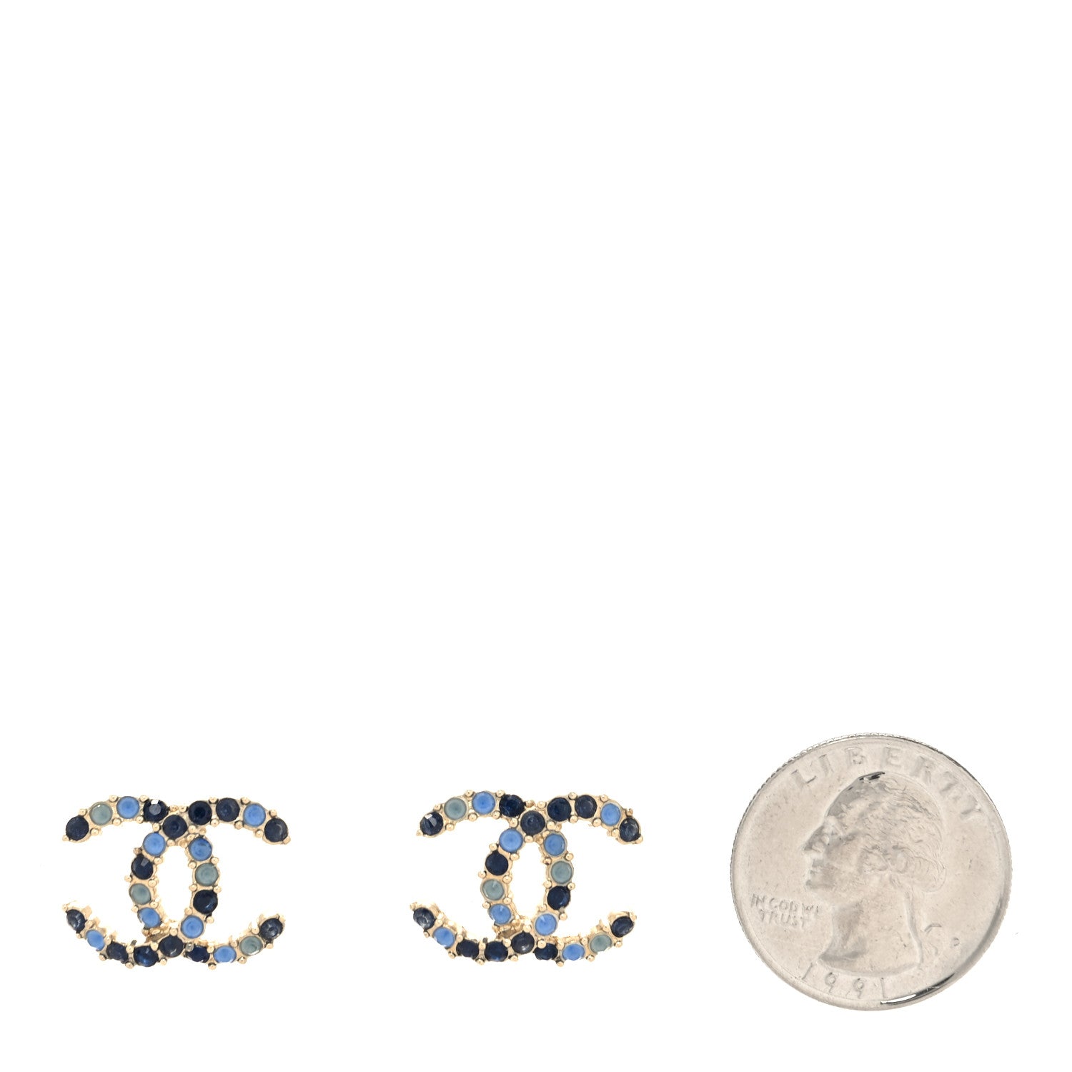 Chanel Crystal CC Earrings Gold Blue 2 of 4