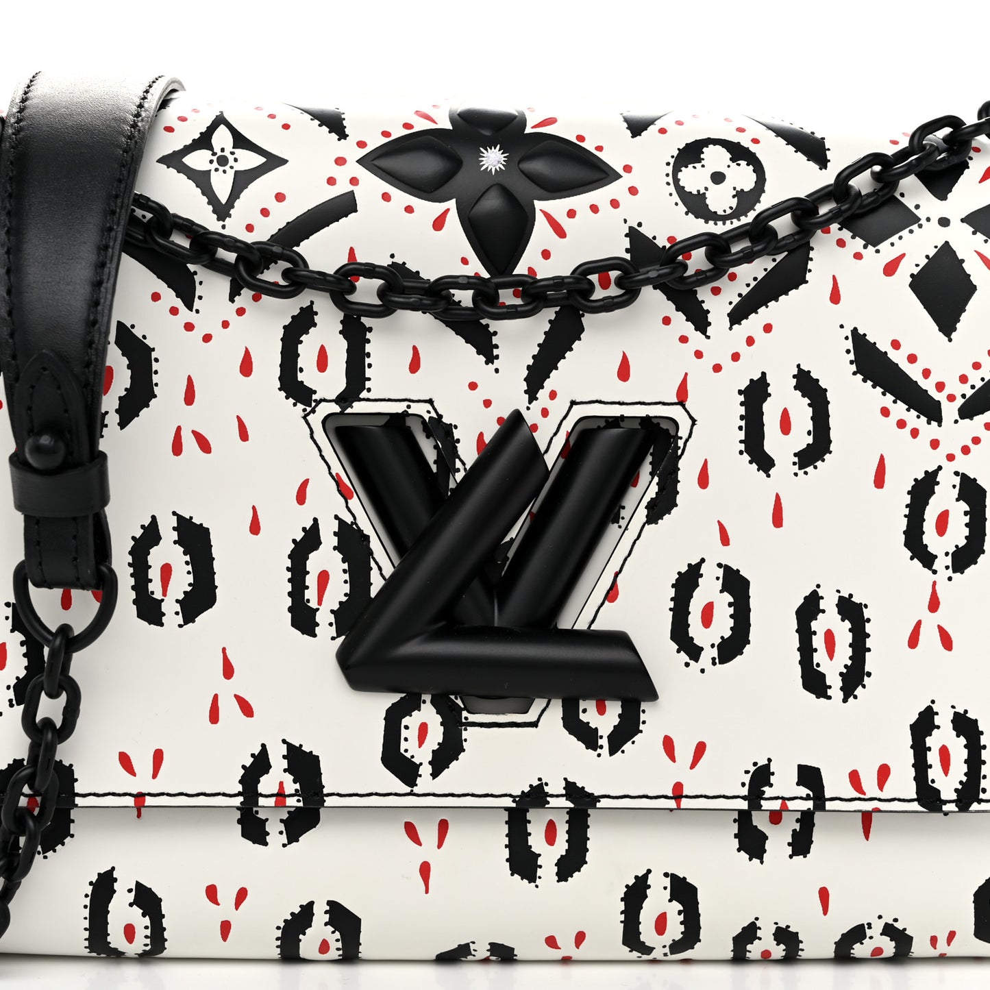 Calfskin Graphic Print Twist Shoulder Bag MM White Black