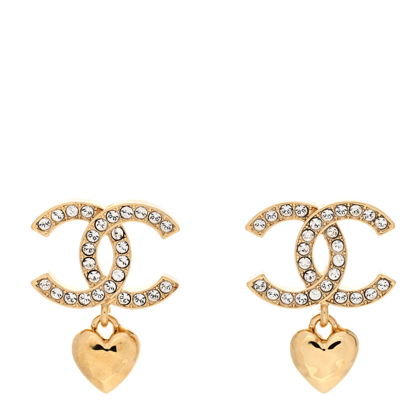 Metal Crystal CC Heart Drop Earrings Gold