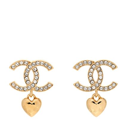 Chanel Metal Crystal CC Heart Drop Earrings Gold 1 of 5