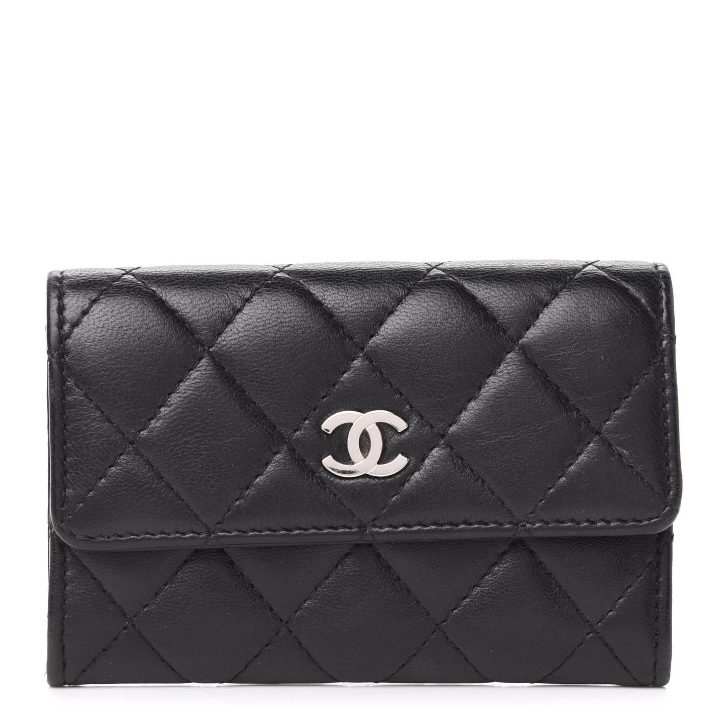Lambskin Quilted Flap Card Holder Black