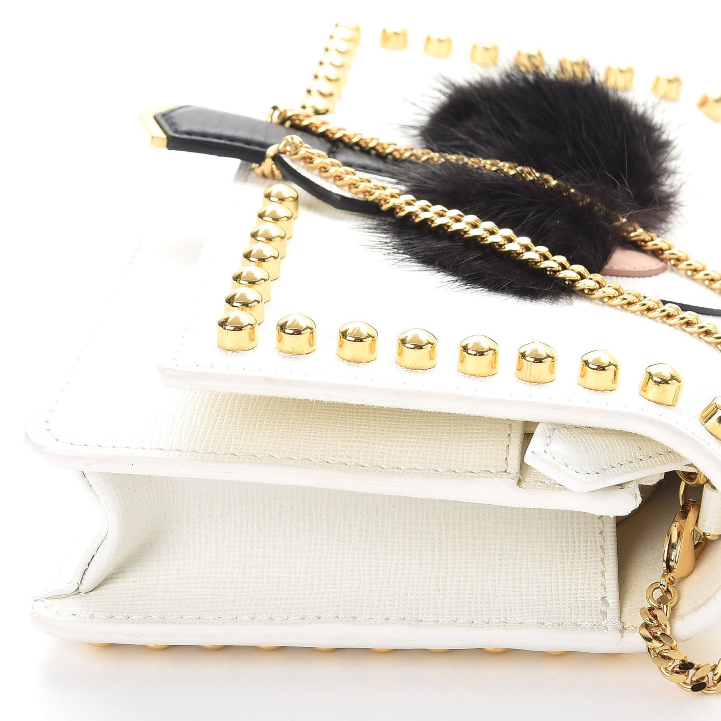 Vitello Elite Mink Fur Studded Karlito Tube Wallet on Chain White