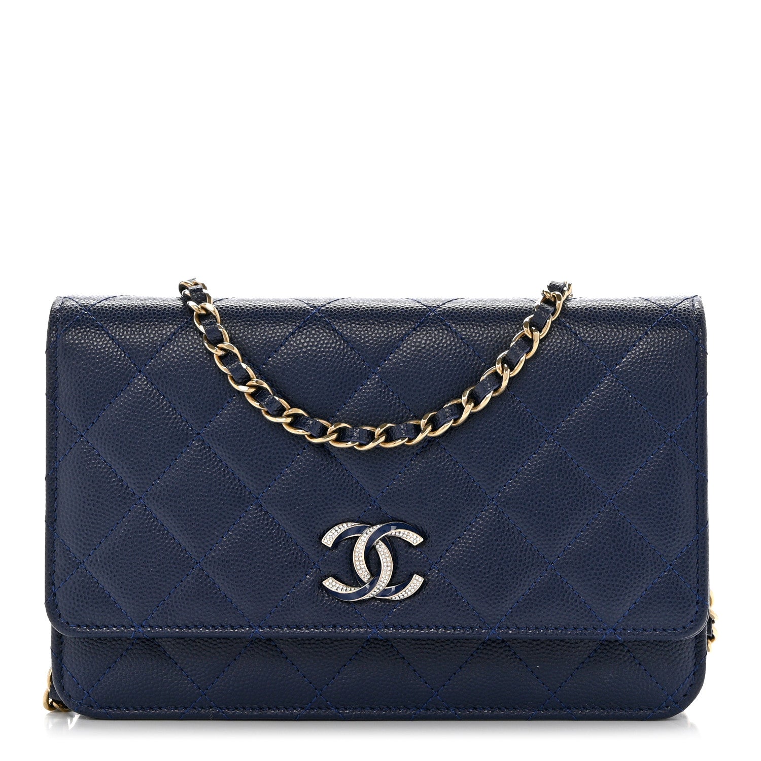 Chanel Caviar Quilted Crystal Enamel CC Wallet On Chain WOC Navy 1 of 12