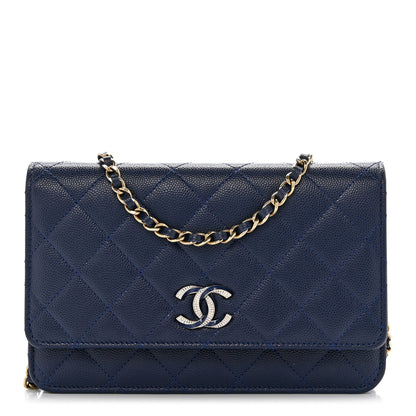 Chanel Caviar Quilted Crystal Enamel CC Wallet On Chain WOC Navy 1 of 12