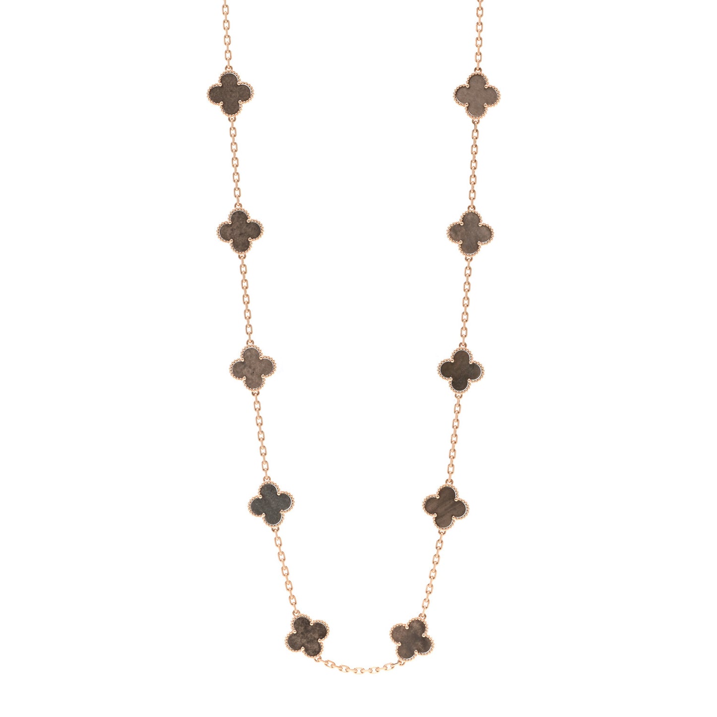 18K Rose Gold Silver Obsidian 20 Motifs Vintage Alhambra Necklace