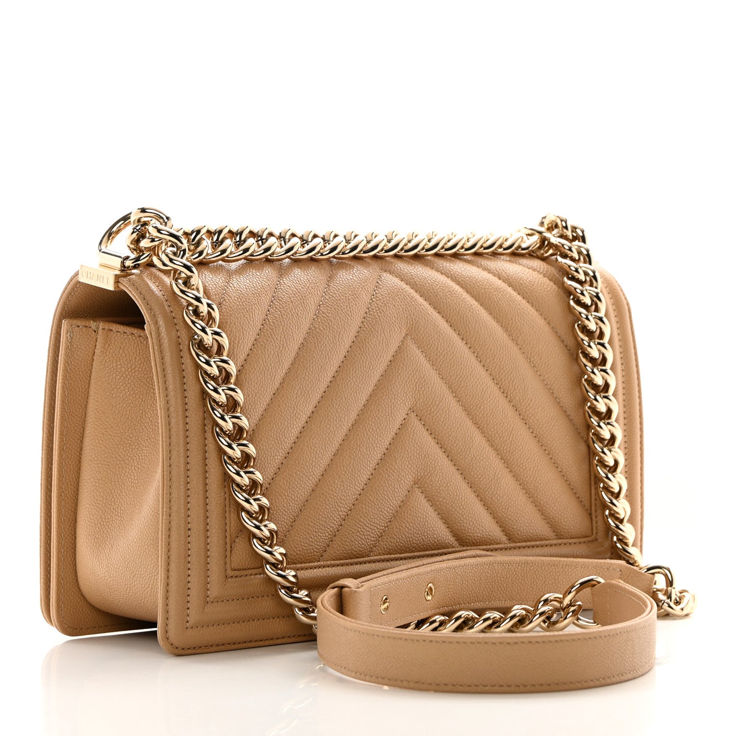 Caviar Chevron Quilted Medium Boy Flap Beige