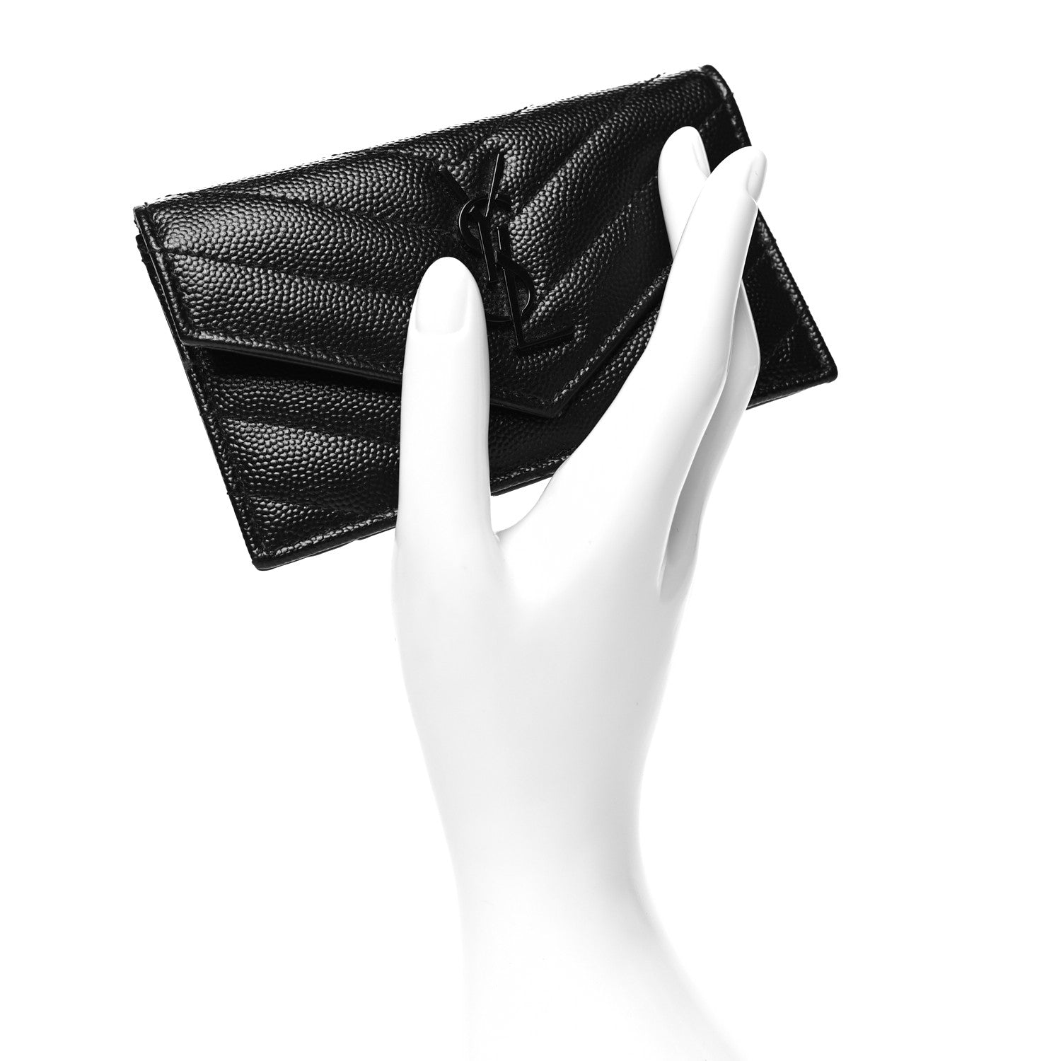 Saint Laurent Grain De Poudre Matelasse Chevron Monogram Monochrome Compact Wallet Black 2 of 8