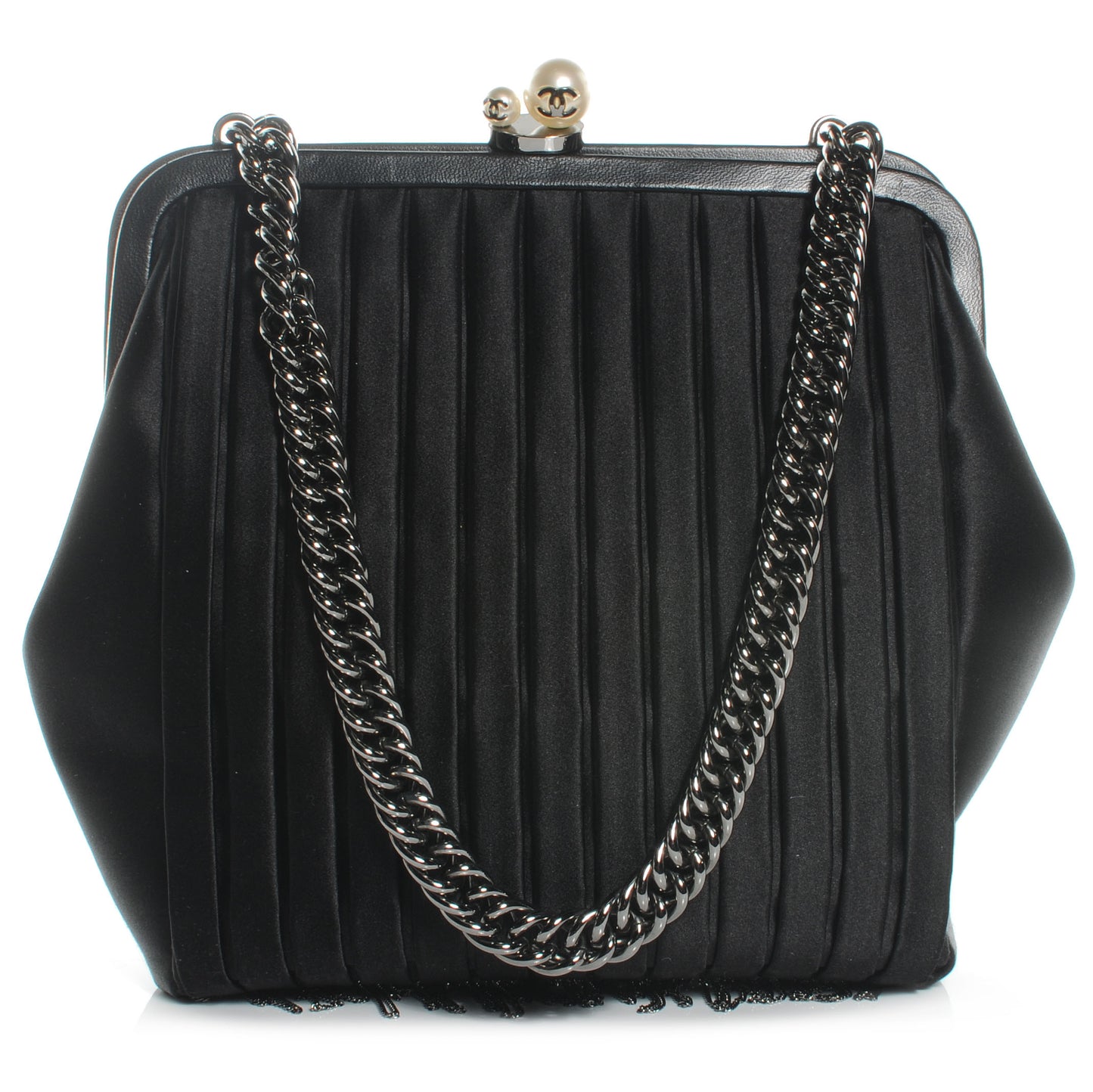 Satin Vertical Pleats Chain Fringe Evening Bag Black