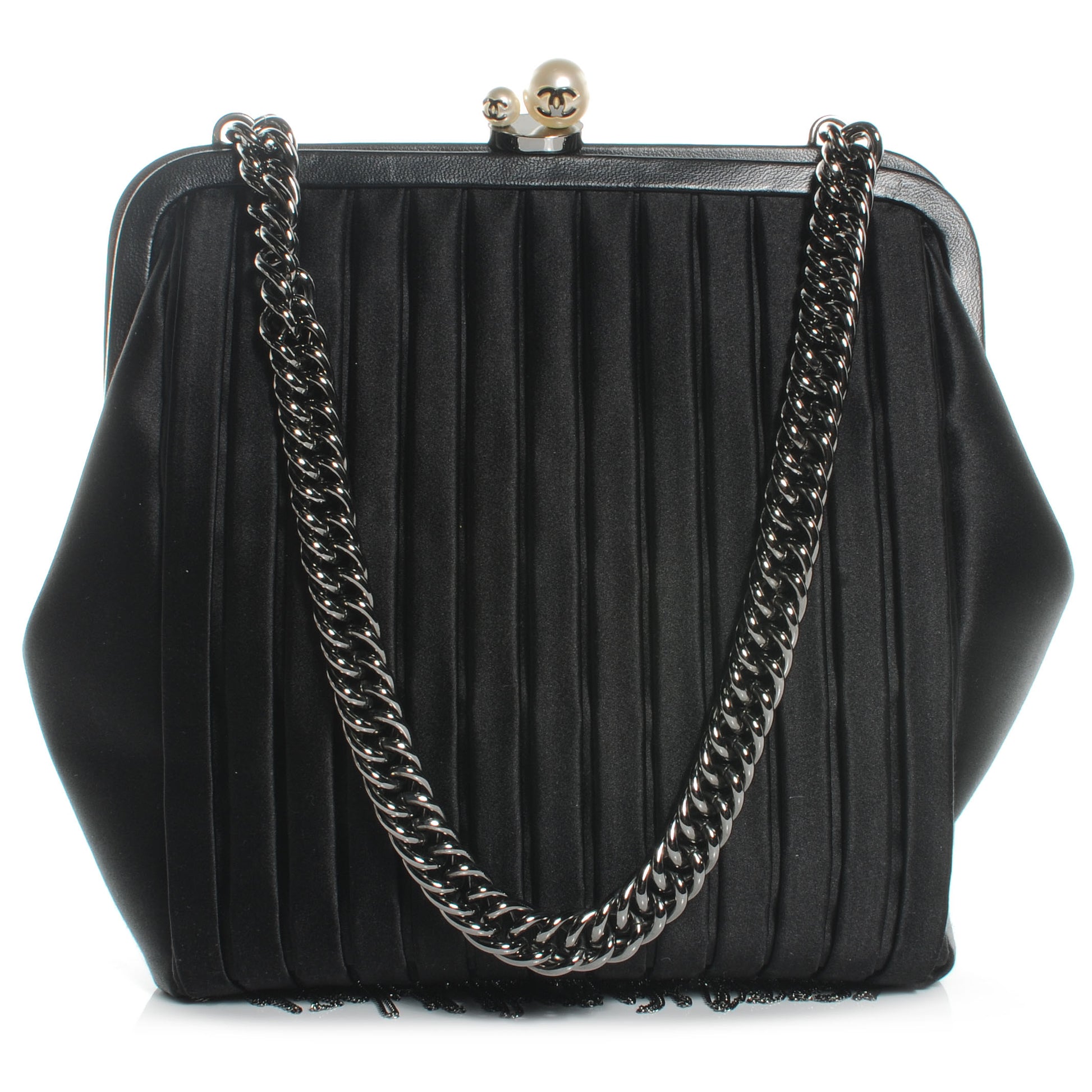 Chanel Satin Vertical Pleats Chain Fringe Evening Bag Black 1 of 7