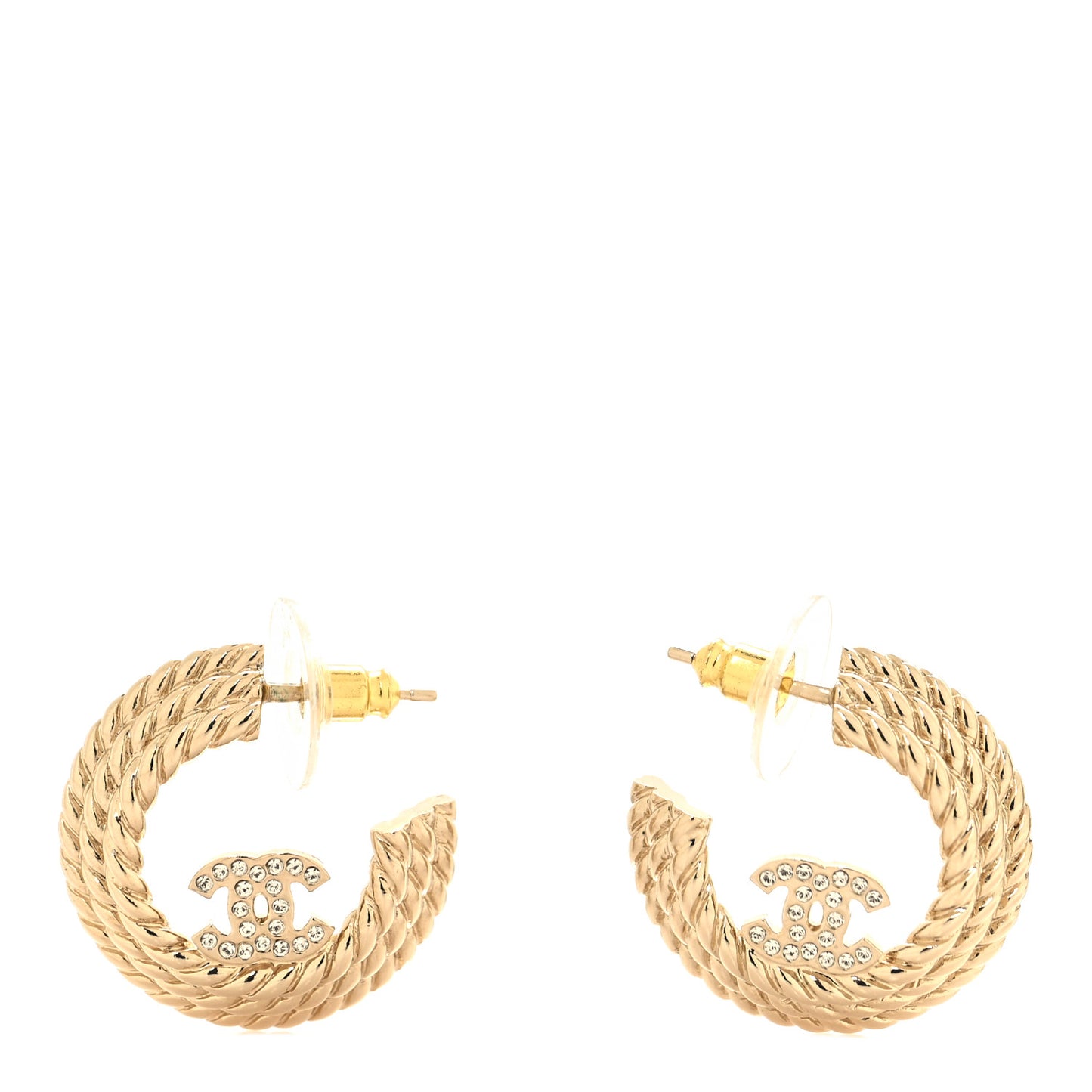 Metal Crystal CC Rope Hoop Earrings Gold