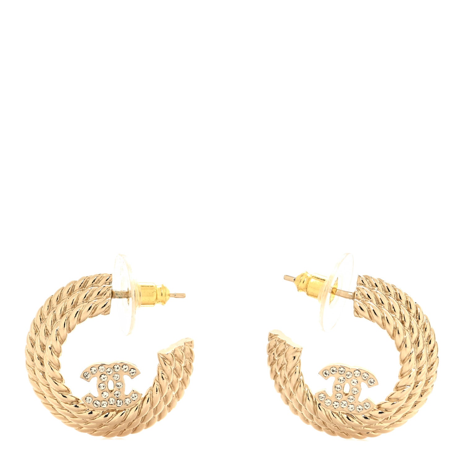 Chanel Metal Crystal CC Rope Hoop Earrings Gold 1 of 5