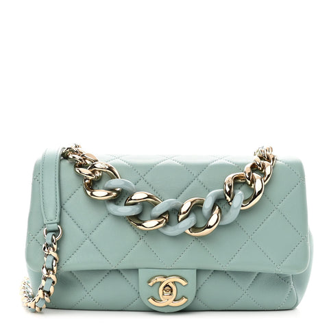 Lambskin Quilted Resin Bi-Color Chain Flap Bag Light Blue