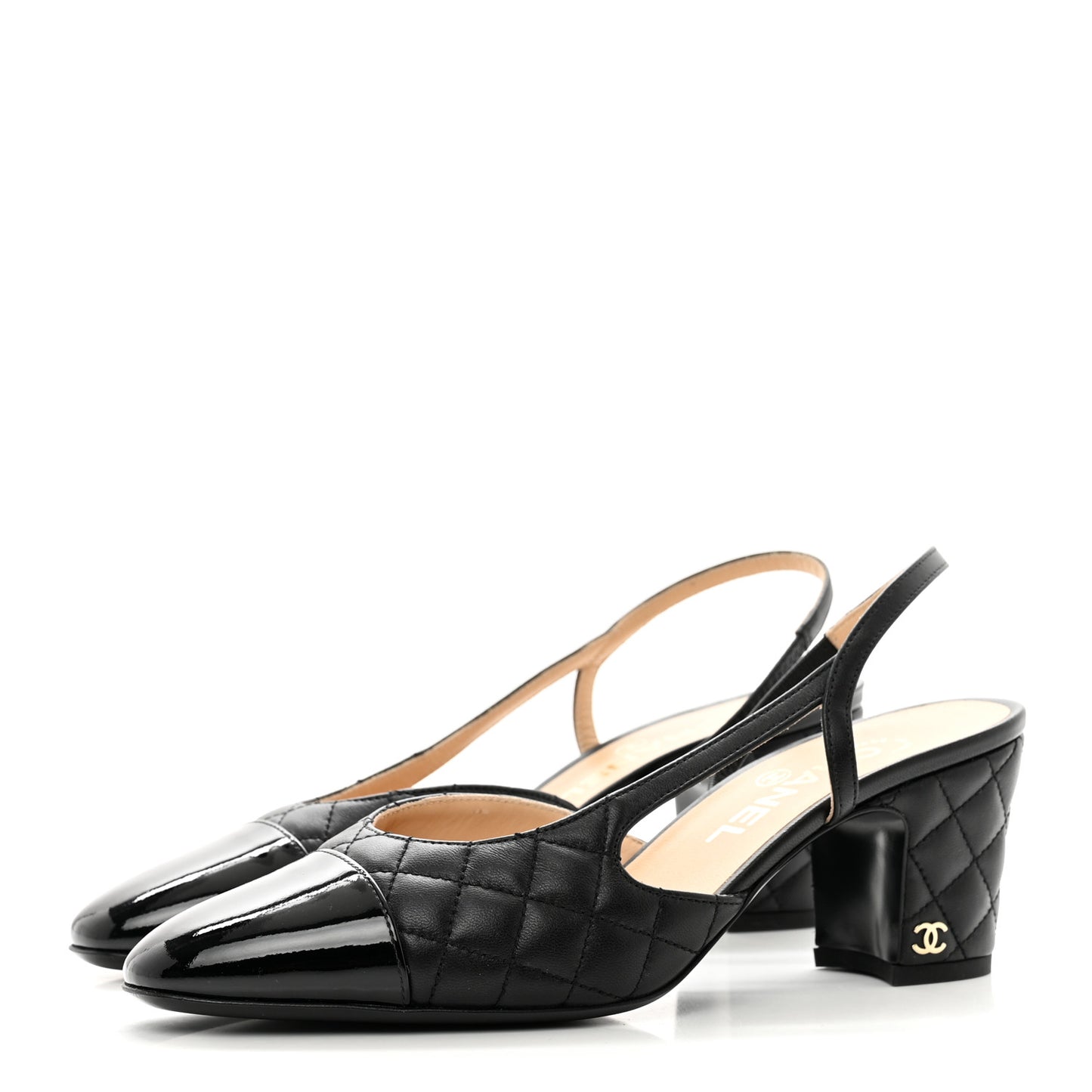 Lambskin Patent Calfskin Quilted Cap Toe CC Slingback Pumps 38 Black