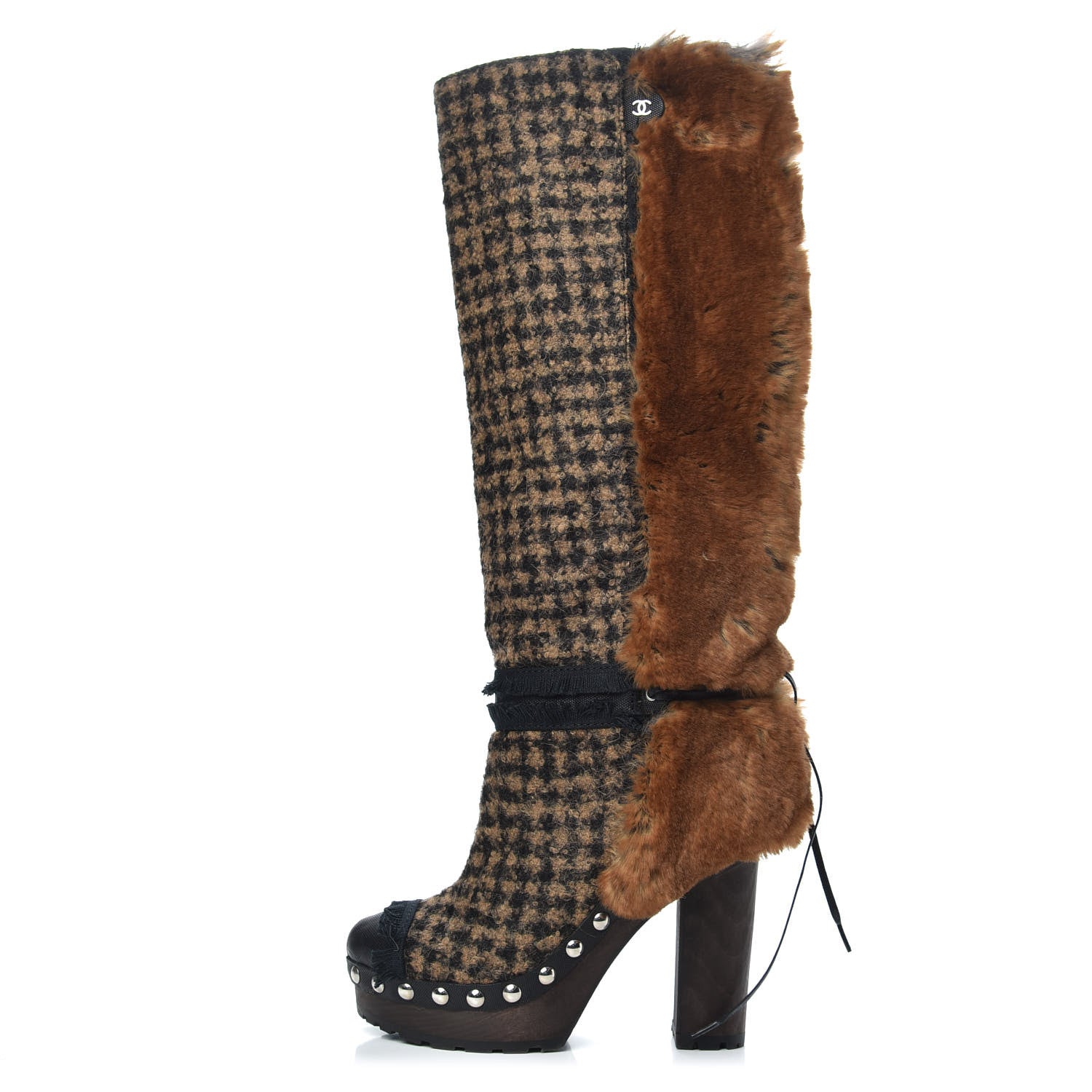 Chanel Tweed Fantasy Fur CC High Boots 38 Camel Marron 1 of 6