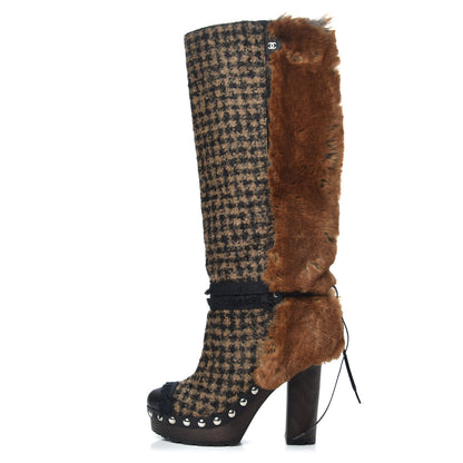 Chanel Tweed Fantasy Fur CC High Boots 38 Camel Marron 1 of 6