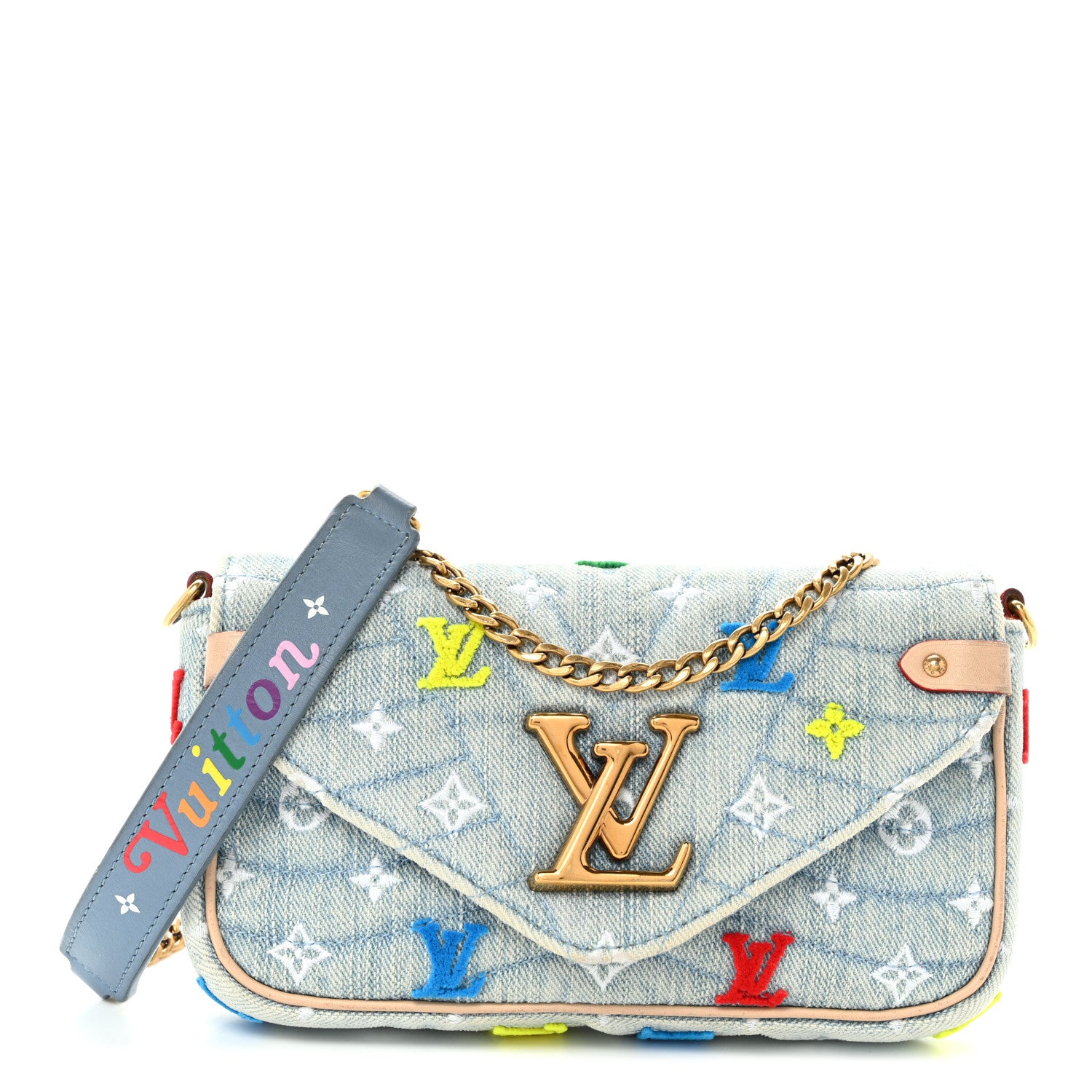 Louis Vuitton Embroidered Monogram Denim New Wave Chain Pochette Blue 1 of 12