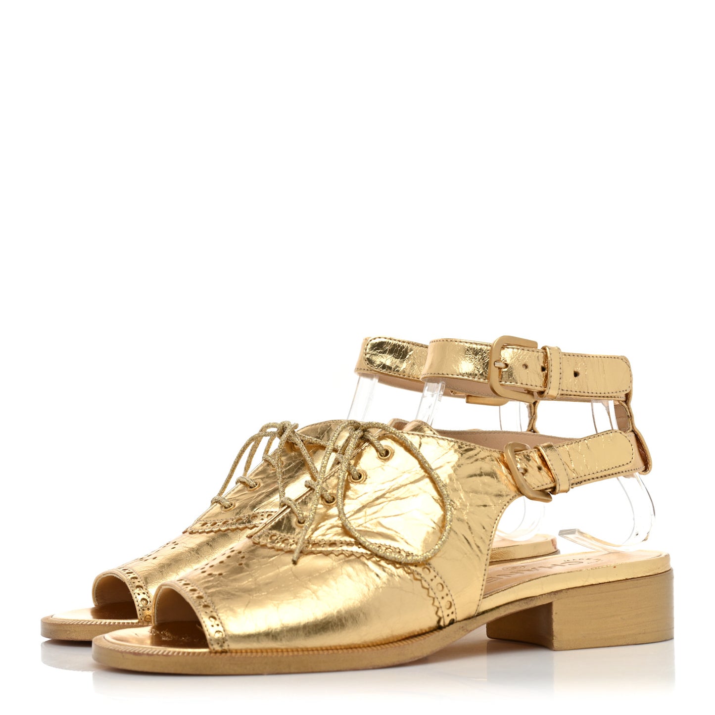 Metallic Calfskin CC Brogue Lace Up Ankle Strap Oxford Peep Toe Sandals 37 Gold