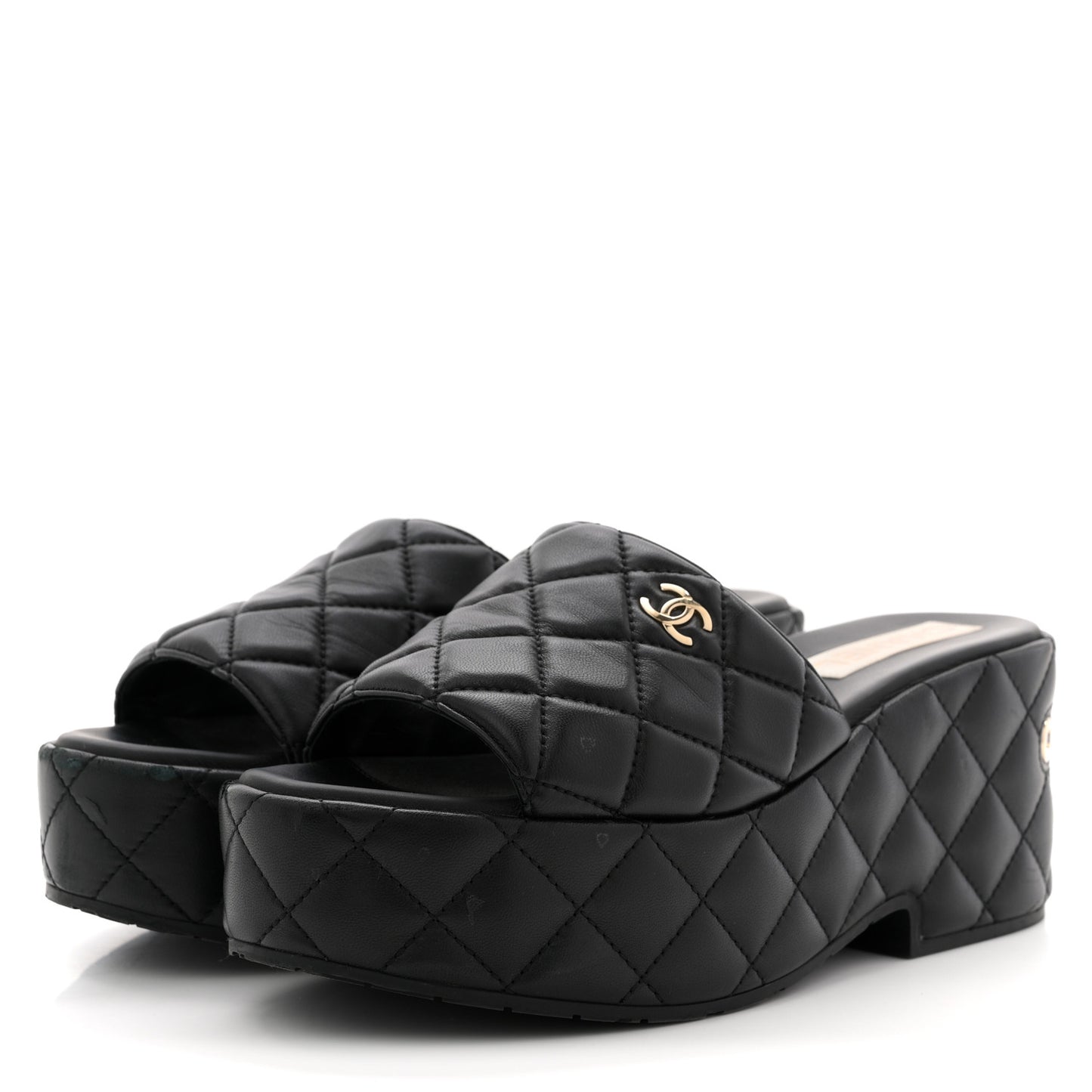 Lambskin Quilted CC Mules Wedge Sandals 40 Black
