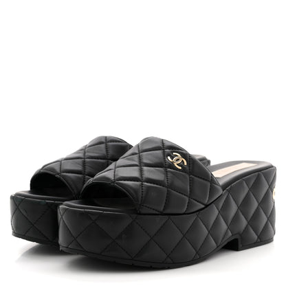 Chanel Lambskin Quilted CC Mules Wedge Sandals 40 Black 4 of 15