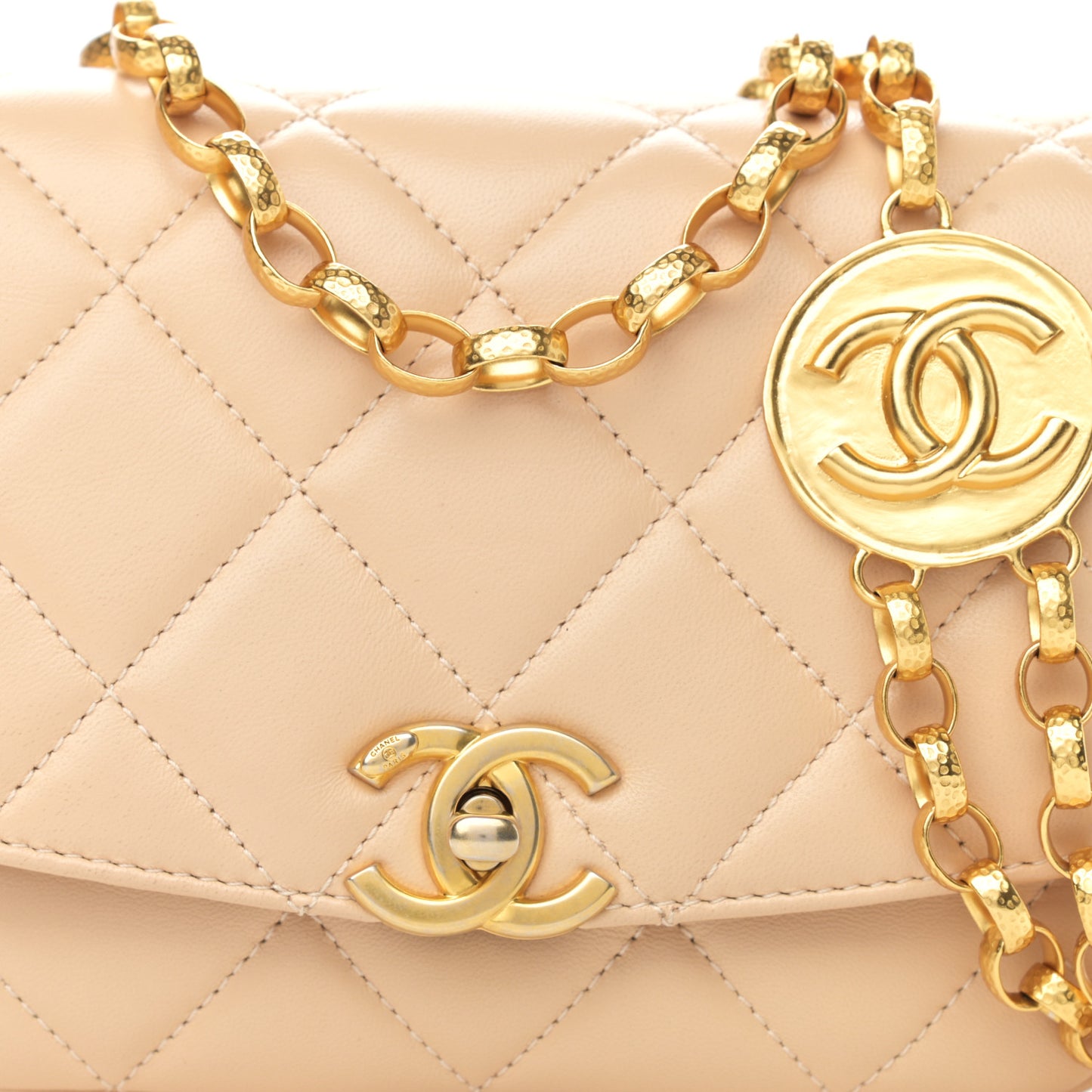 Lambskin Quilted Small CC Coin Flap Bag Beige