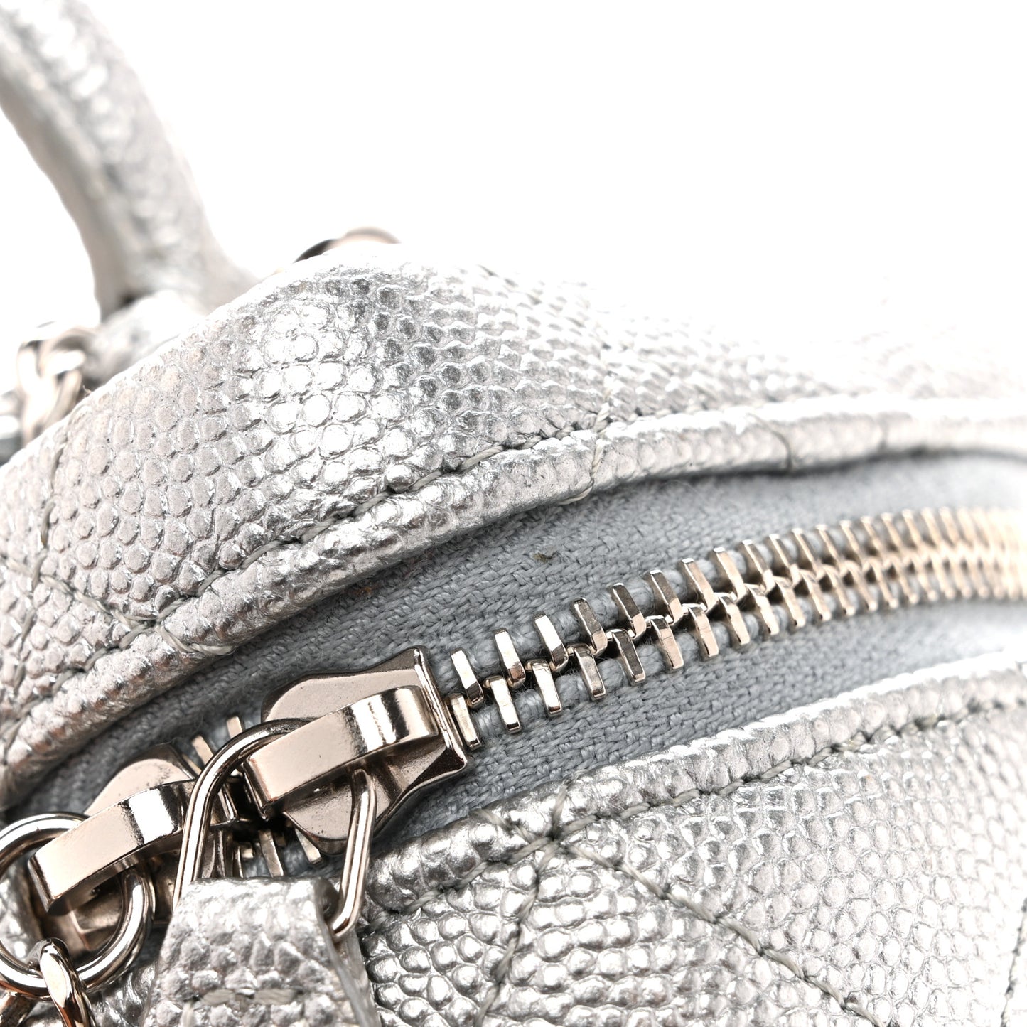 Metallic Caviar Quilted Mini Top Handle Vanity With Chain Silver