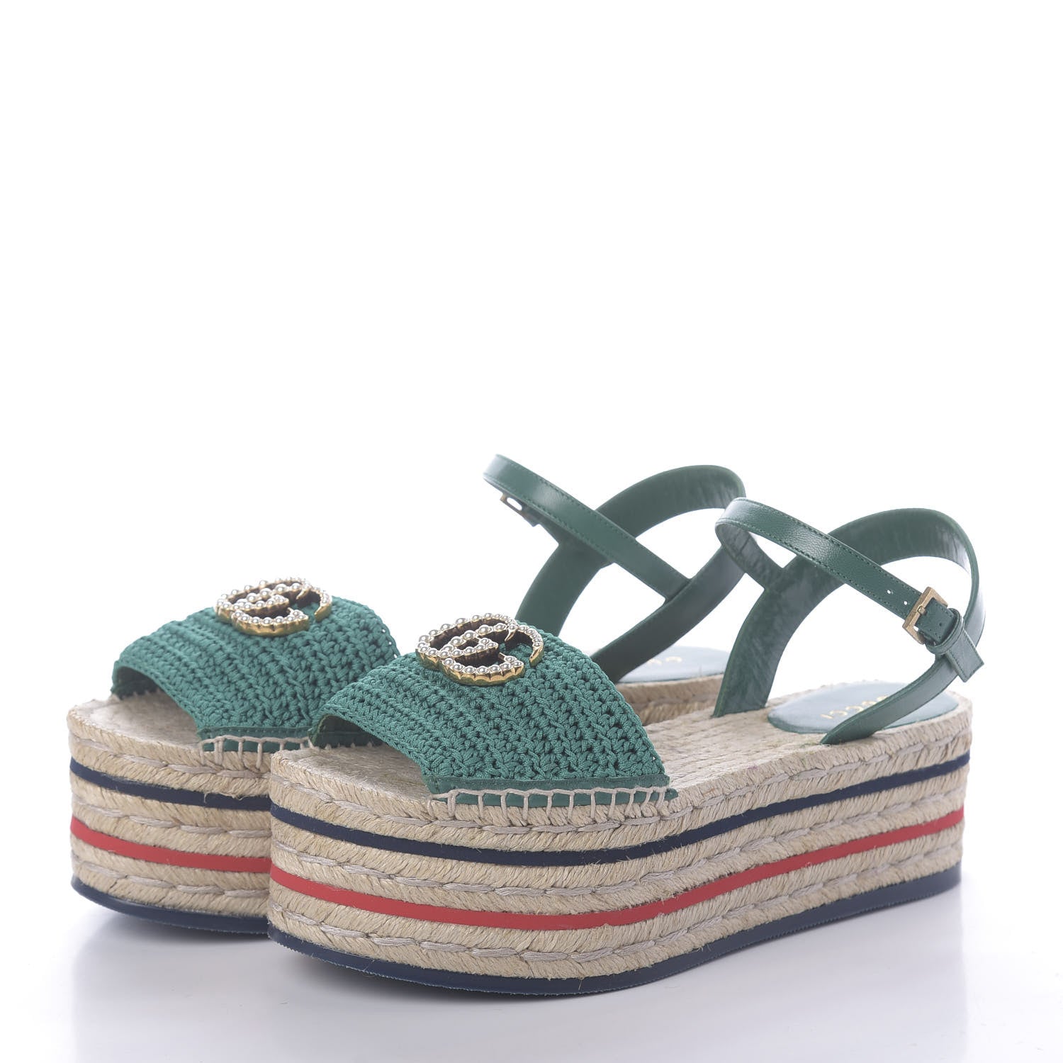 Gucci Cotton Malaga Kid Crochet Pearly GG Lilibeth Espadrille Platform Sandals 36 Emerald 3 of 7