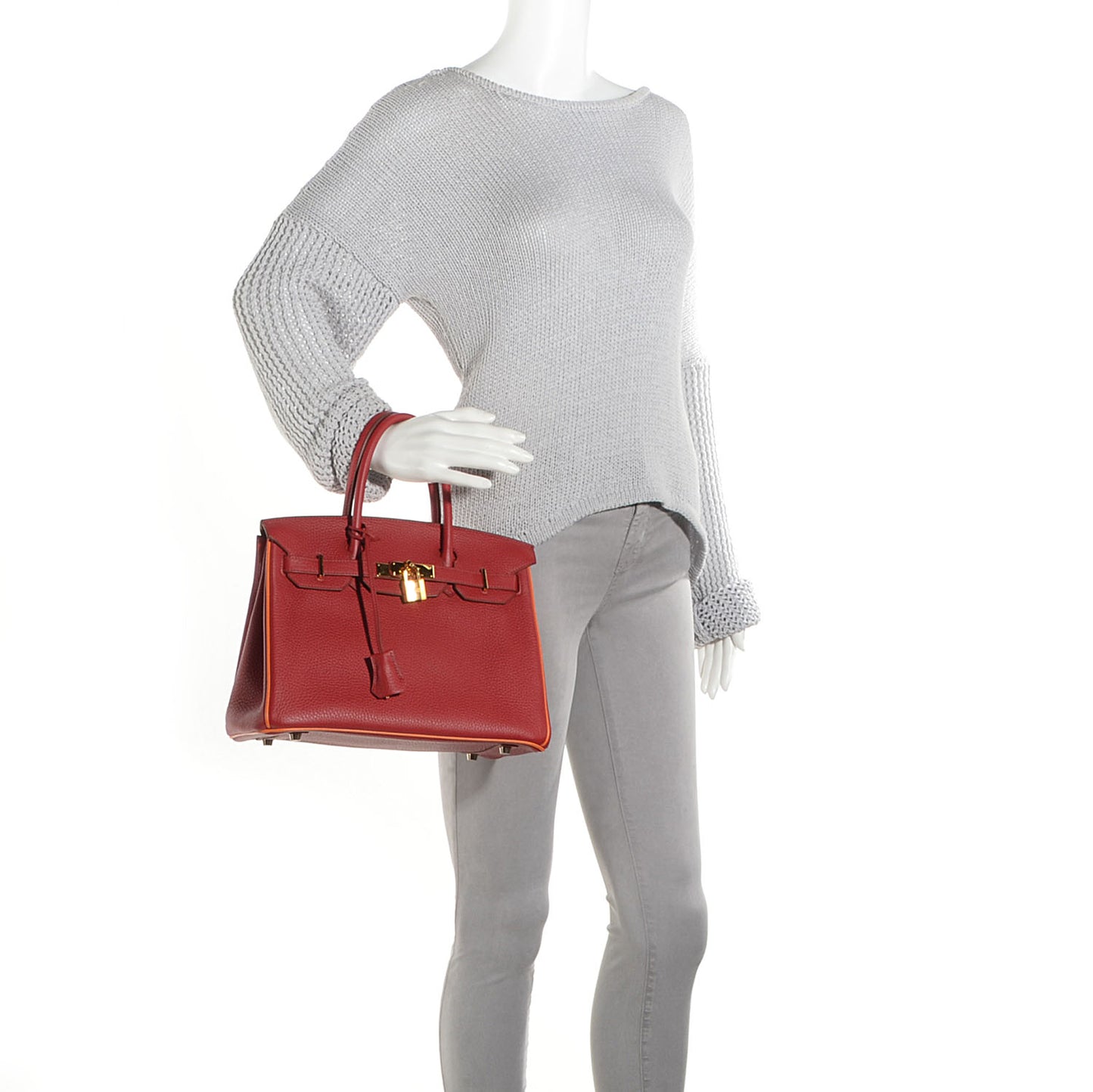 Taurillon Clemence Horseshoe Bi-Color Birkin 30 Rouge Garance and Orange