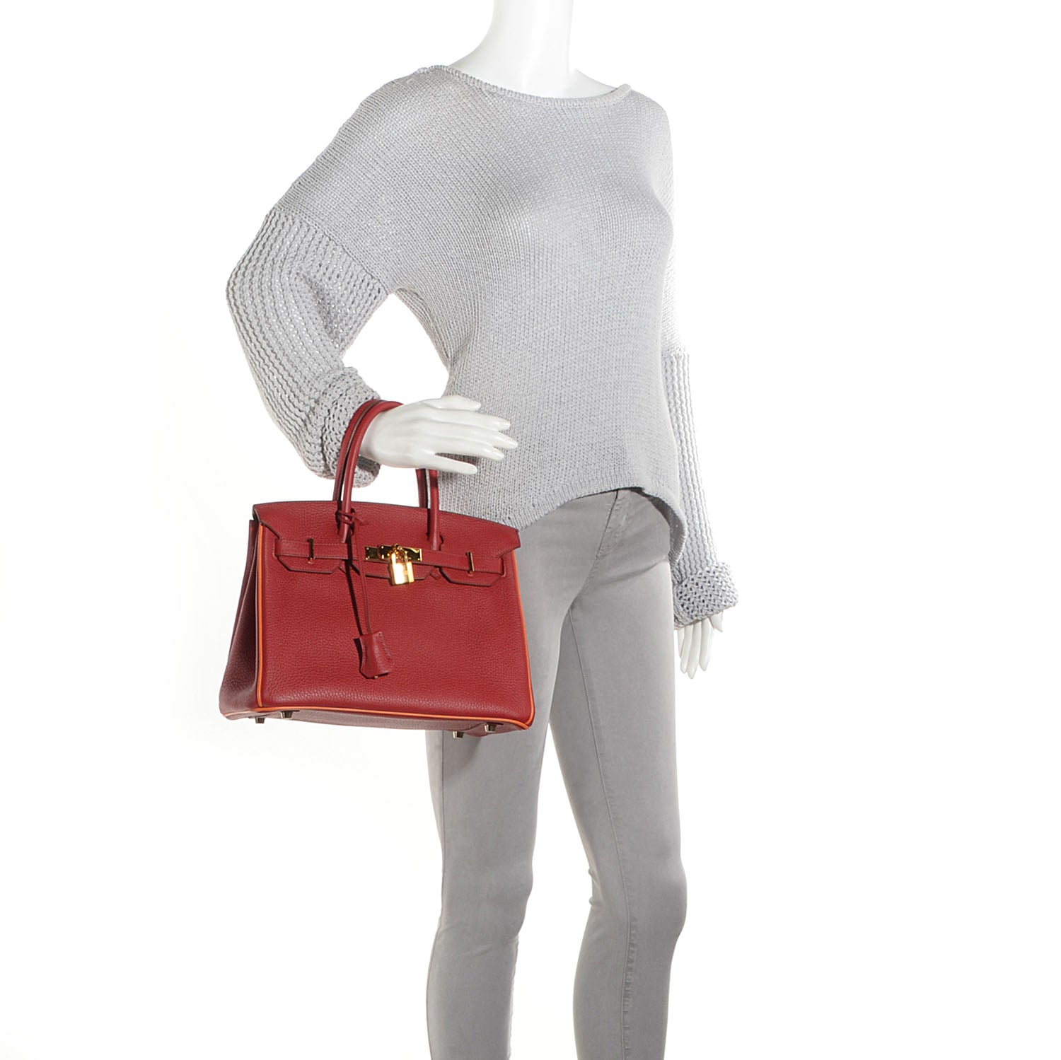 Hermes Taurillon Clemence Horseshoe Bi-Color Birkin 30 Rouge Garance and Orange 2 of 23