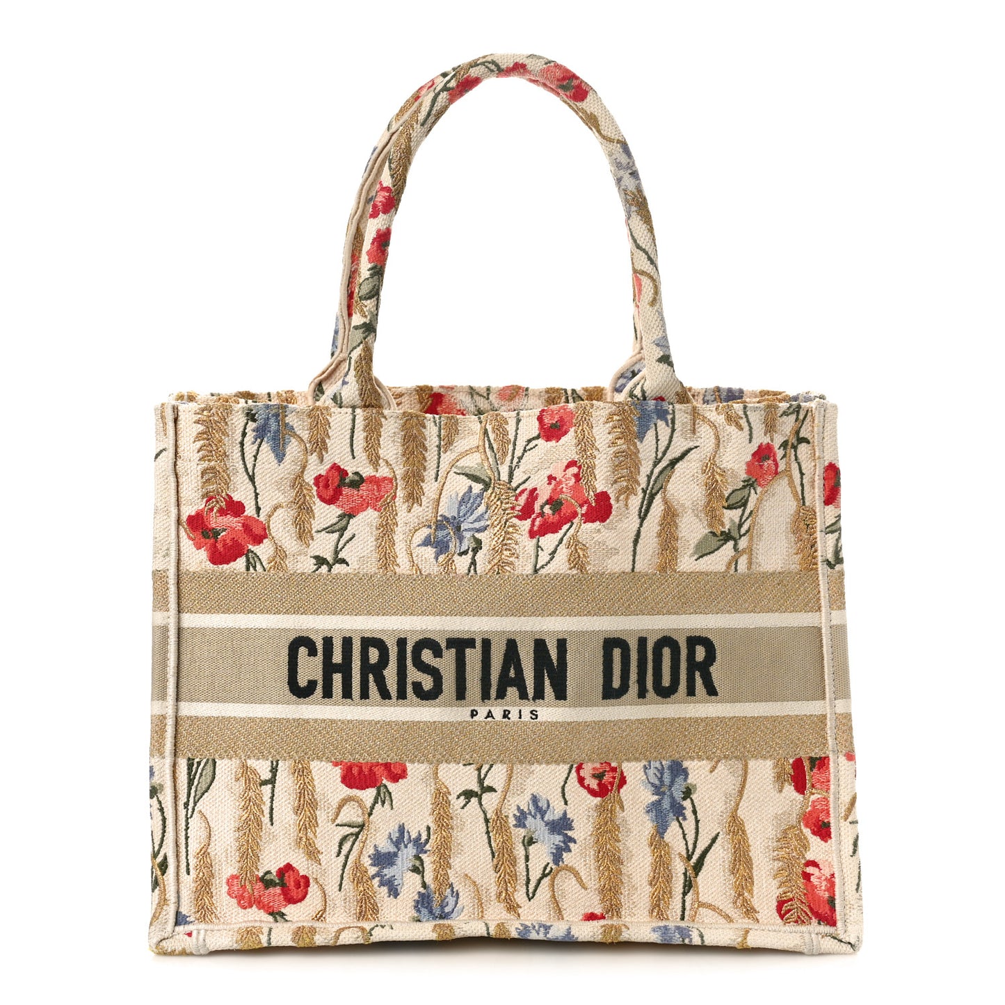 Canvas Embroidered Medium Hibiscus Book Tote Beige Multicolor