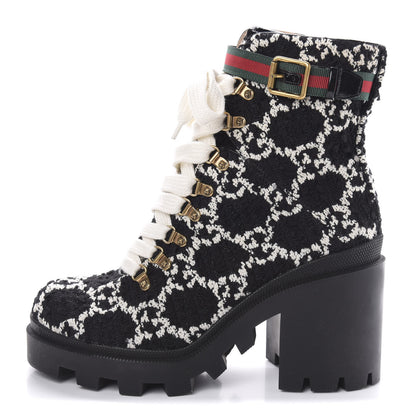 Gucci Tweed GG Monogram Lace Up Combat Ankle Boots 41 Black 1 of 9