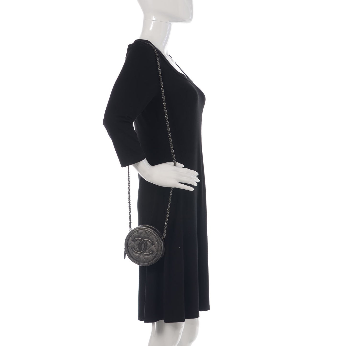 Metallic Caviar Quilted Round Filigree Crossbody Dark Silver