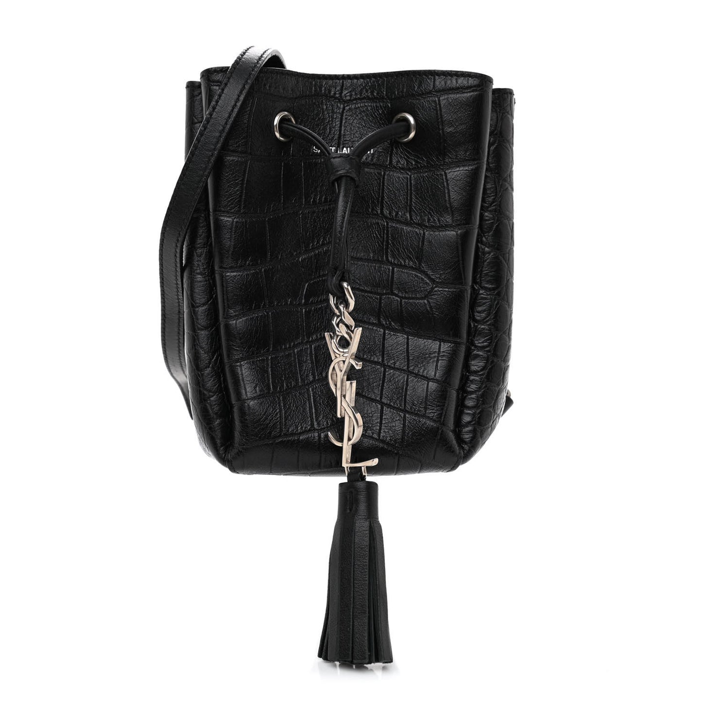 Calfskin Crocodile Embossed Mini Emmanuelle Bucket Bag Black