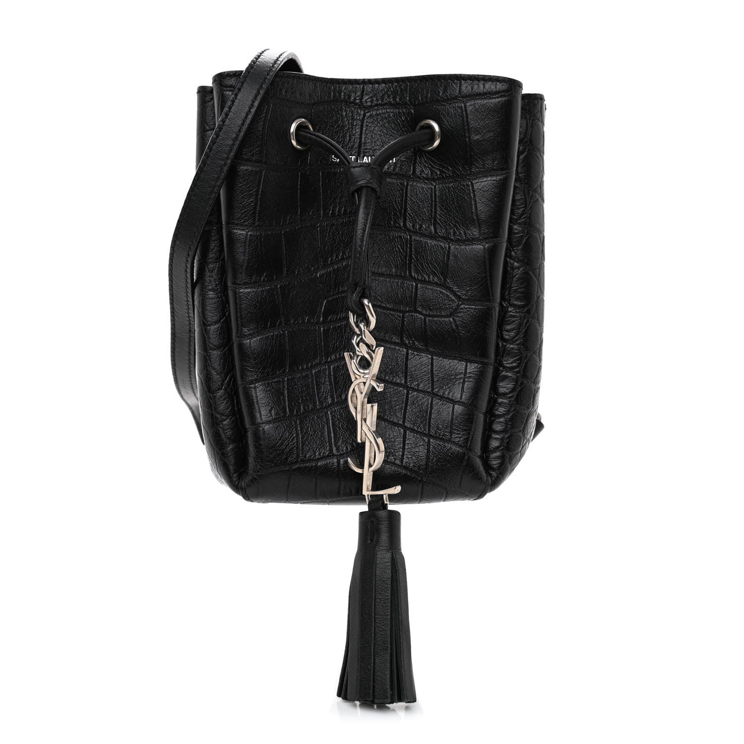 Saint Laurent Calfskin Crocodile Embossed Mini Emmanuelle Bucket Bag Black 1 of 8