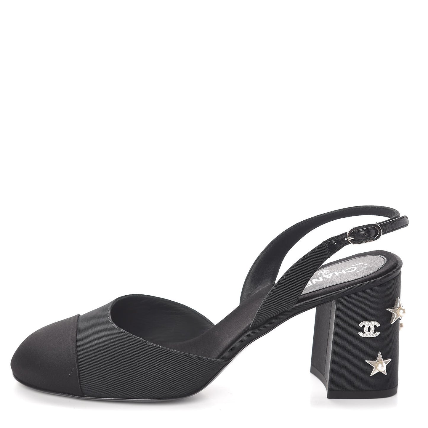 Grosgrain Satin Cap Toe Peal Star CC Slingback Pumps 38 Black