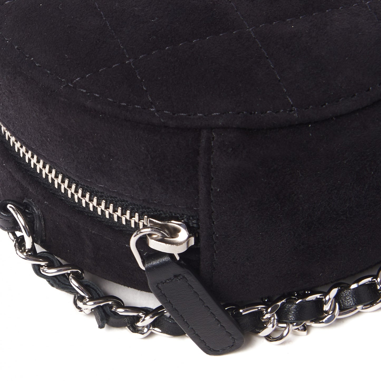 Suede Quilted Crystal Round Clutch With Logo Chain Black