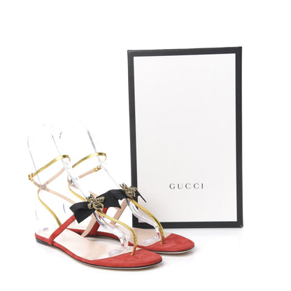Gucci Calfskin Suede Moody Bee Thong Sandal 41 Gold Red 11 of 11