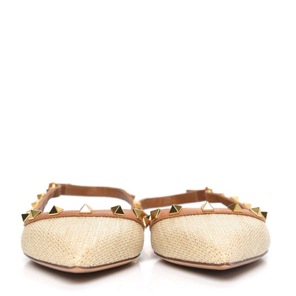 Valentino Garavani Raffia Calfskin Rockstud Slingback Flats 36 Naturale 2 of 7