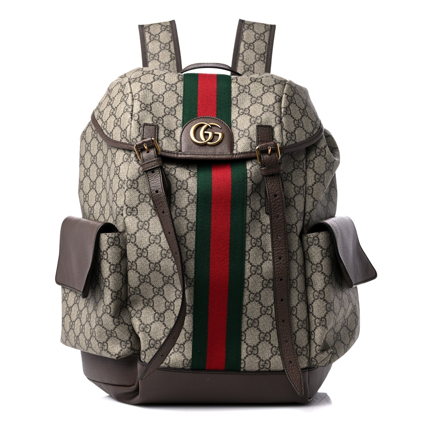 product image of GUCCI GG Supreme Monogram Medium Ophidia Double Buckle Backpack Brown FASHIONPHILE