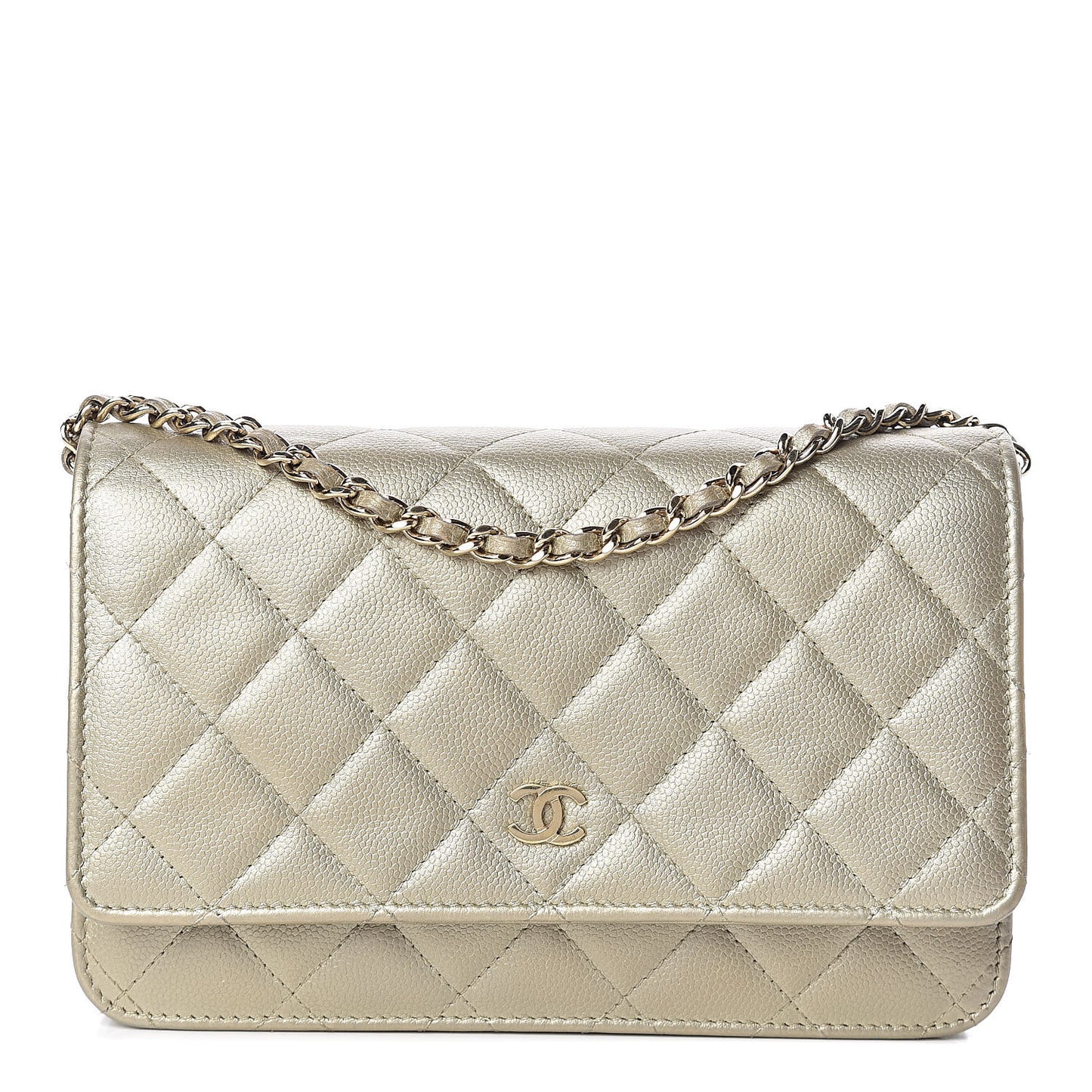 Pearly Caviar Quilted Wallet On Chain WOC Light Gold