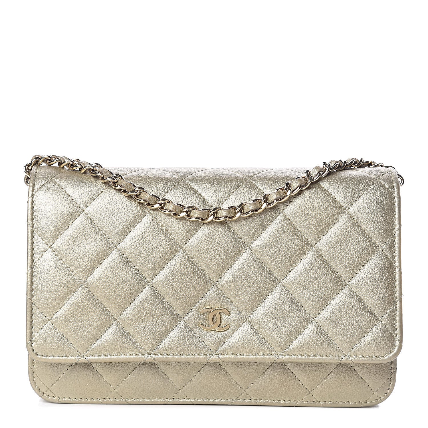 Chanel Pearly Caviar Quilted Wallet On Chain WOC Light Gold 1 of 14