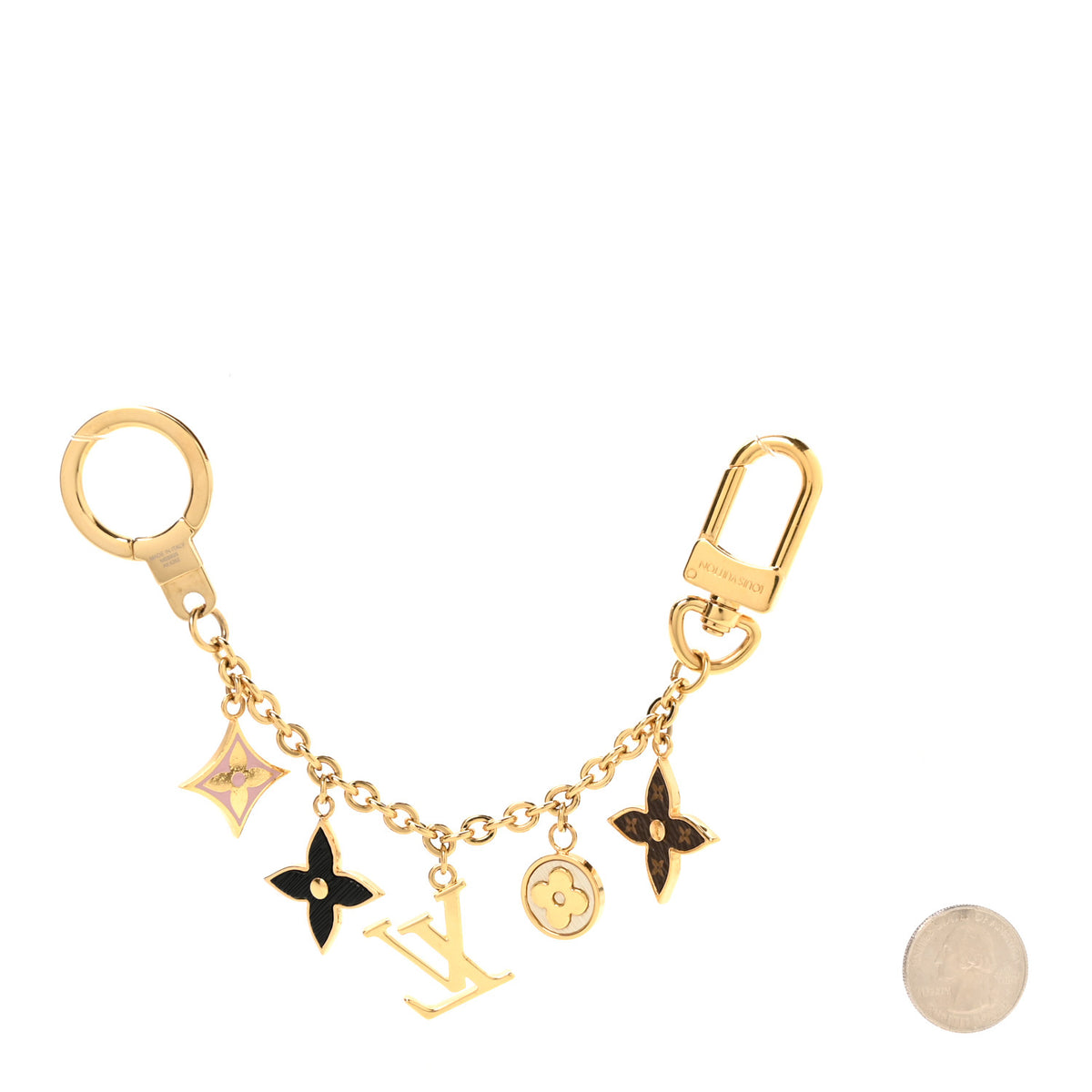 Brass Enamel Fleur De Monogram Bag Charm Chain Gold